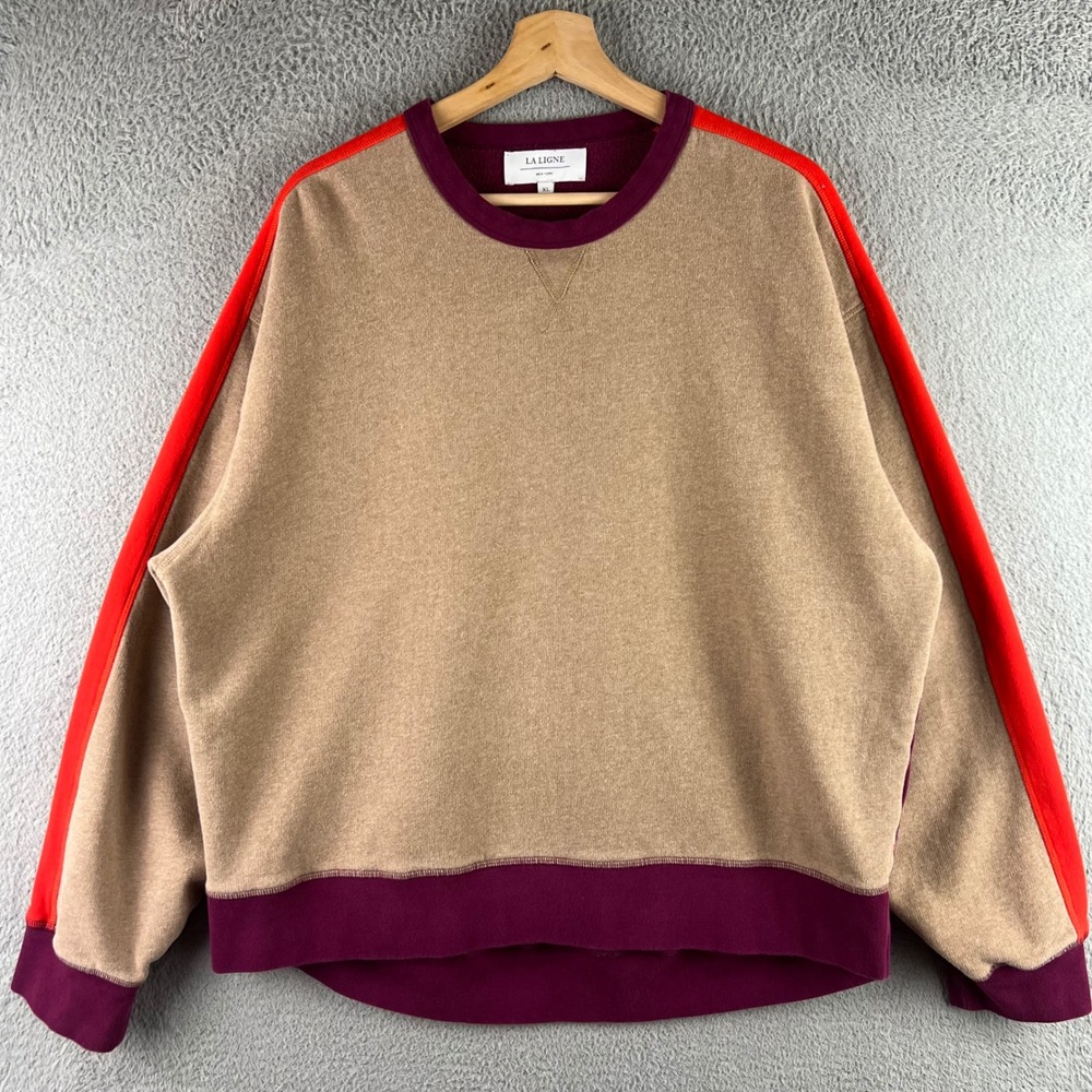 La Ligne New York Colorblock Sweatshirt XL Tan Burgundy Red Stripe Pullover